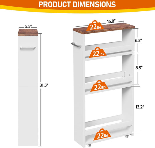 Smartxchoice 4 Tier Slim Storage Cart, Narrow Rolling Utility Cart with Handle, Wooden Shelving Unit Organizer Trolley for Small Spaces Laundry, Kitchen, Dining Room, Living Room, Narrow Places, White