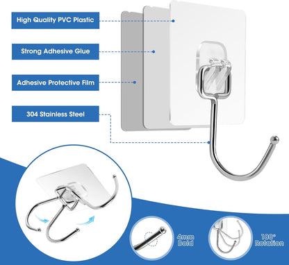 Large Adhesive Hooks for Hanging Heavy Duty 60Ib(Max) 8 Packs, Waterproof & Rustproof Wall Hangers Without Nails for Kitchen, Bathroom, Home, Office, Coat, Towel, Plant, Transparent