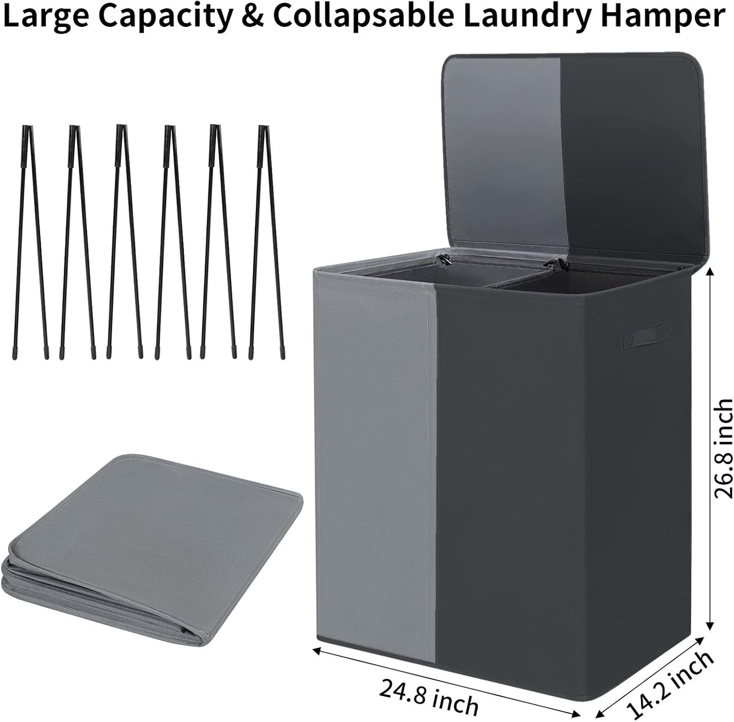 WOWLIVE Double Laundry Baseket with Lid and Removable Laundry Bags,154L Large Laundry Hamper 2 Section Collapsible Dirty Clothes Hamper for Laundry Room,College Dorm,Bathroom,Black and Beige