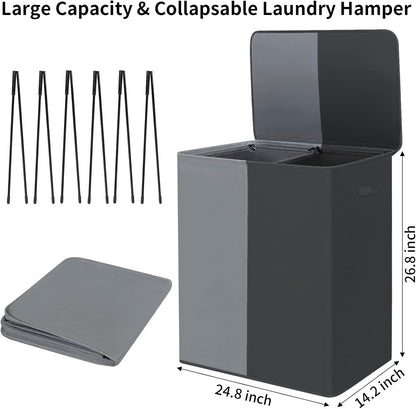WOWLIVE Double Laundry Baseket with Lid and Removable Laundry Bags,154L Large Laundry Hamper 2 Section Collapsible Dirty Clothes Hamper for Laundry Room,College Dorm,Bathroom,Black and Beige