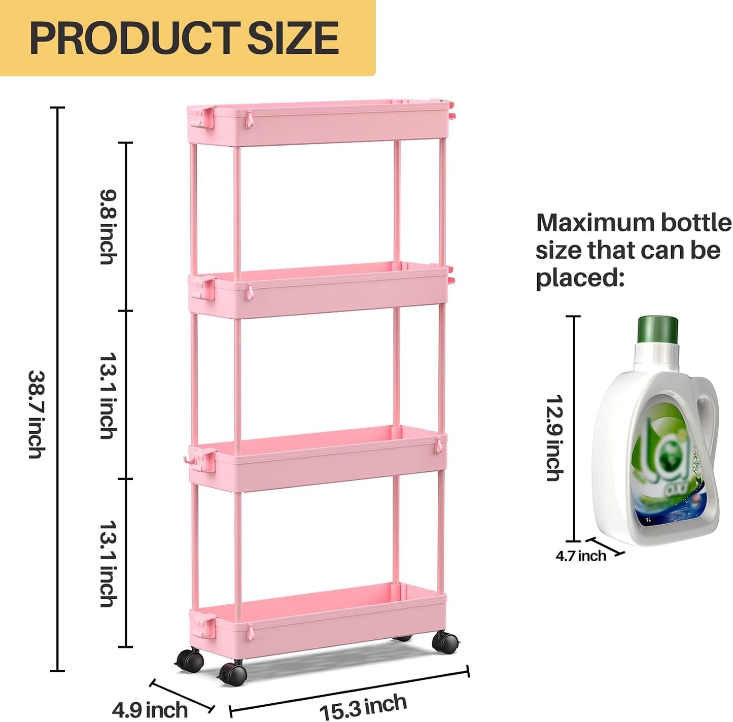 SPACEKEEPER Slim Rolling Storage Cart 4 Tier Bathroom Organizer Cart Mobile Shelving Unit Slide Out Utility Cart for Kitchen, Bthroom, Makeup, Craft, Laundry Narrow Places, Black