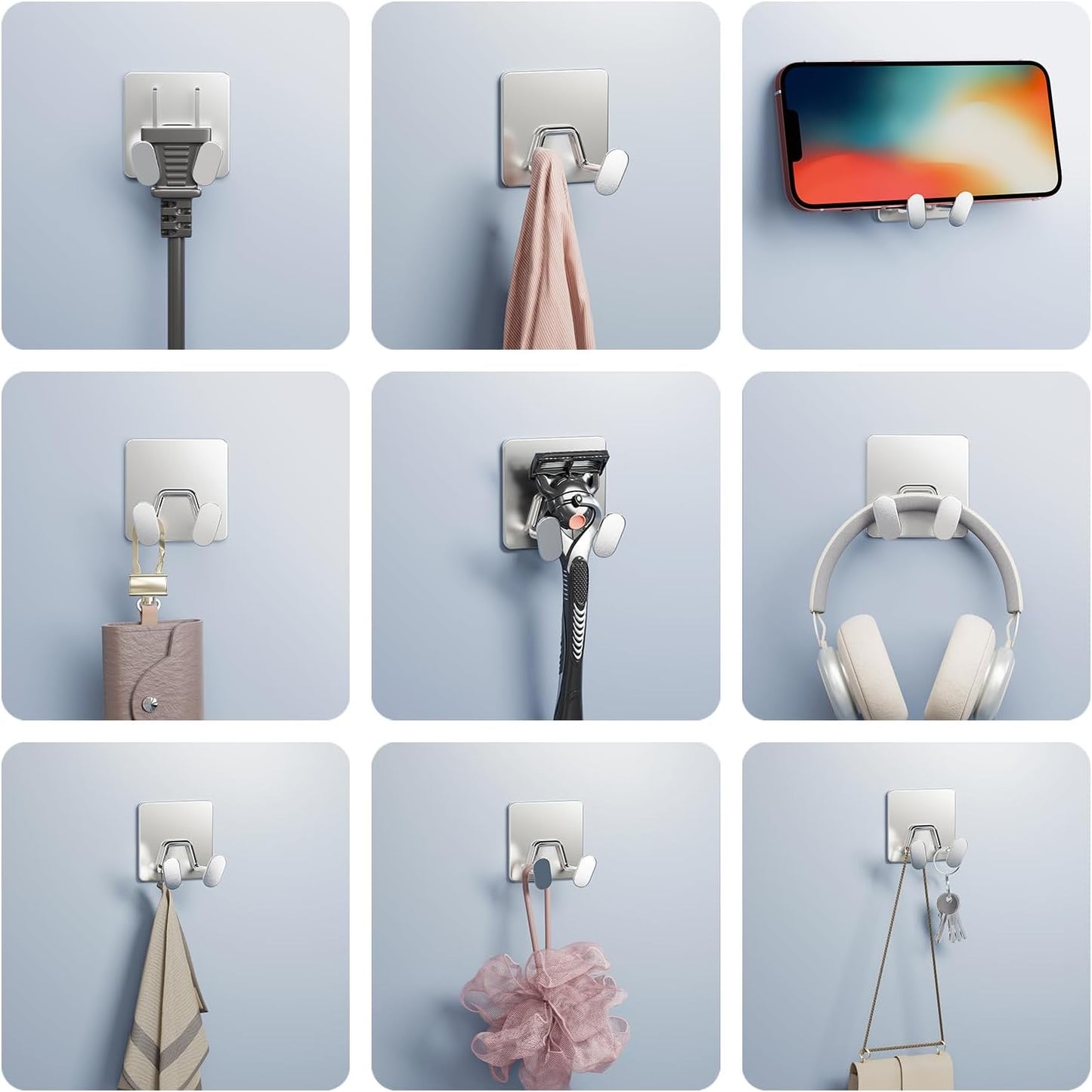 susswiff Shower Hooks for Inside Shower - Extra Sticky Stainless, Razor Holder Accessories, Wall Mounted Self-Adhesive Double Hooks for Razor, Loofah, Towel, Shaver, Coat, Key, Silver 6 Pack