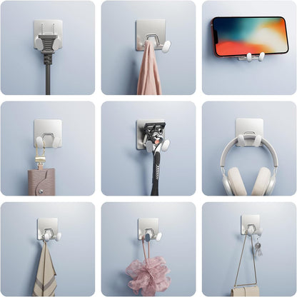 susswiff Shower Hooks for Inside Shower - Extra Sticky Stainless, Razor Holder Accessories, Wall Mounted Self-Adhesive Double Hooks for Razor, Loofah, Towel, Shaver, Coat, Key, Silver 6 Pack