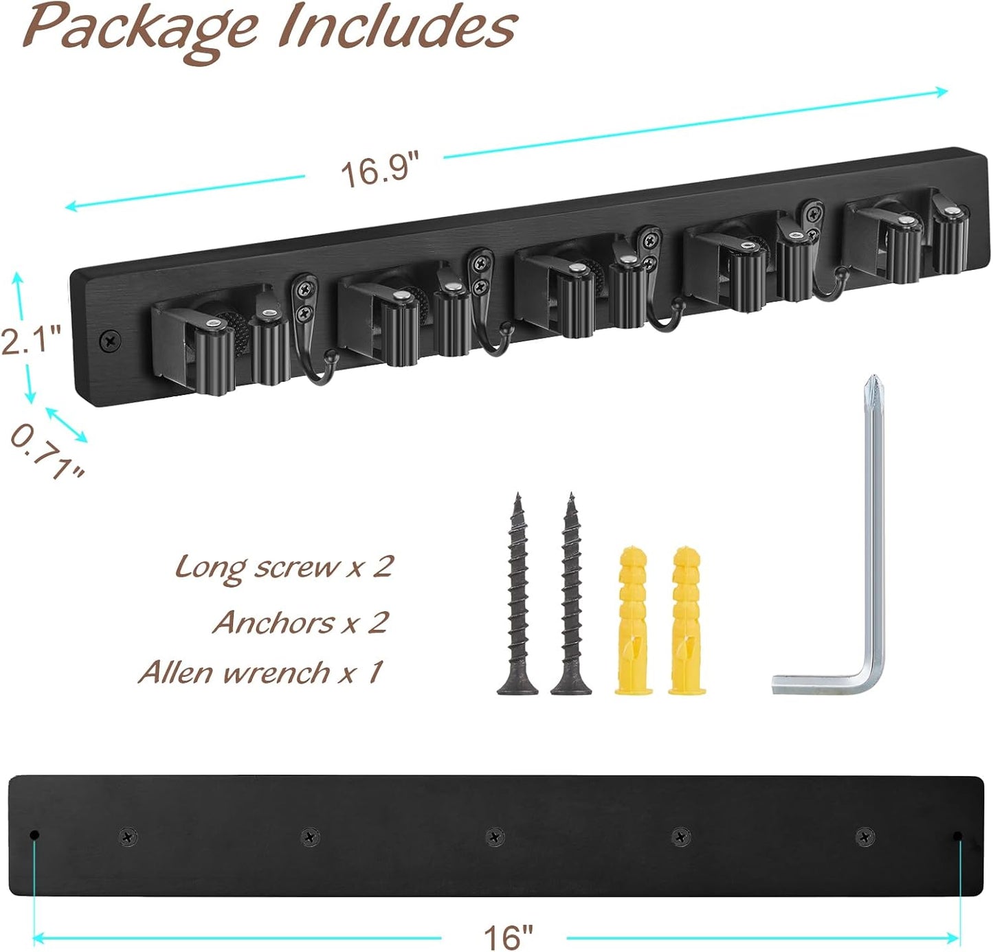 OUTNILI Mop and Broom Holder Wall Mount - Wood Broom Mop Hanger - Wall Mounted Garden Tool Rack Organizer for Closet Garage Laundry Room for Rustic Kitchen Decor With 5 Slots & 4 Hooks