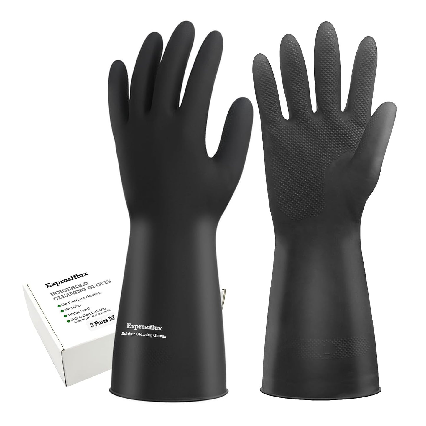 Heavy-Duty Thick Black Rubber Cleaning Gloves, 3 Pairs, L | Reusable & waterproof black/orange dual layers. Non-slip design for dishwashing, kitchen cleaning, and auto care.