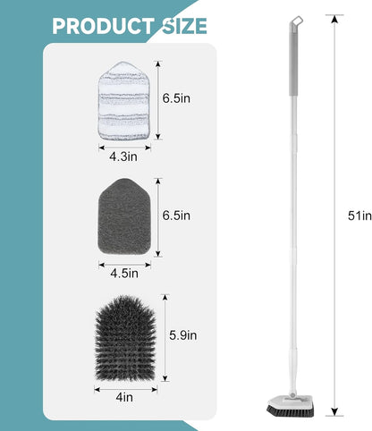 nacena Shower Scrubber with Long Handle, 3 in 1 Tile Tub Scrubber Brush with 3 Detachable Cleaning Heads Adjustable Handle Shower Cleaner Brush for Bathroom, Kitchen, Toilet, Wall, Sink, Grey White