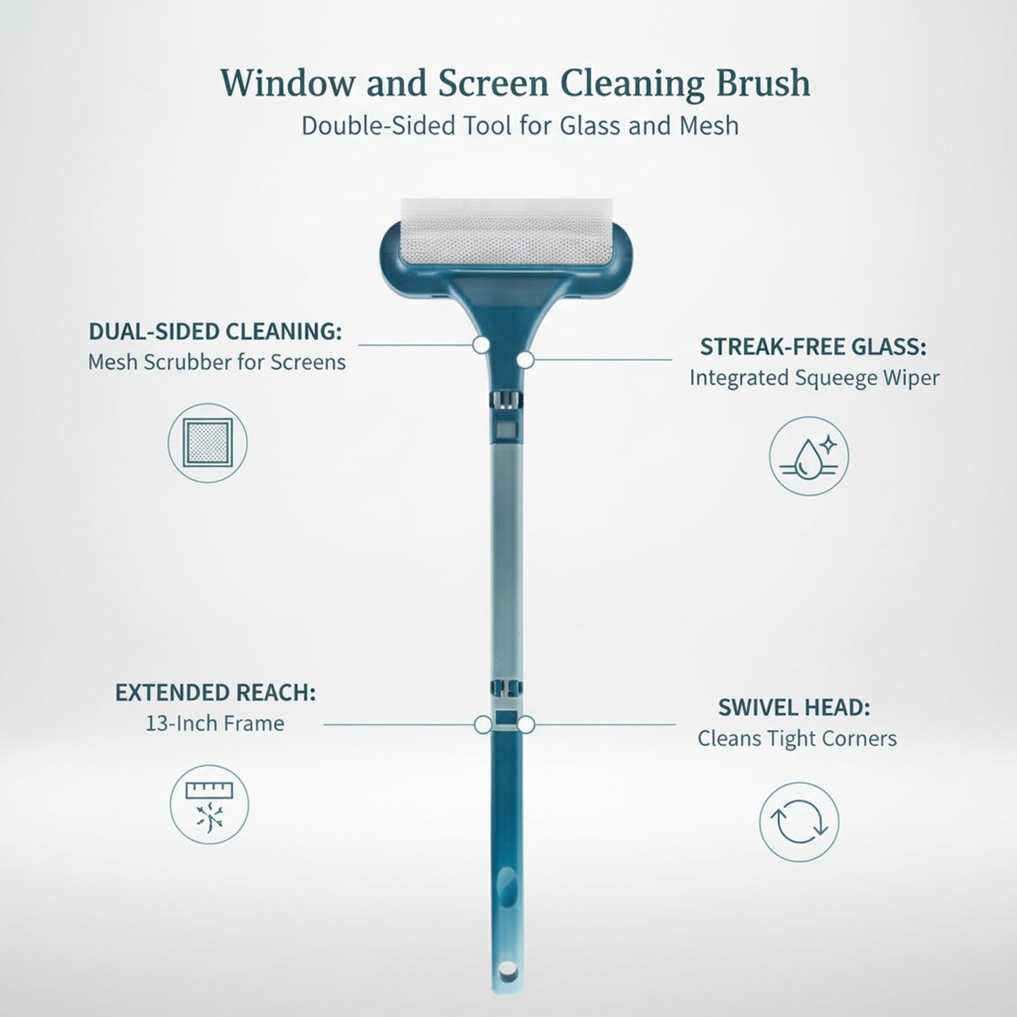 Double-Sided Window & Screen Cleaning Brush, 13-Inch PP Tool for Glass and Mesh, Integrated Wiper for Streak-Free Results (1 Pack)