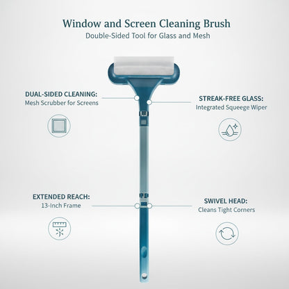 Window and Screen Cleaning Brush, Double-Sided Tool for Glass and Mesh, 13-Inch PP Plastic Frame with Surface Wiper (1 PC)