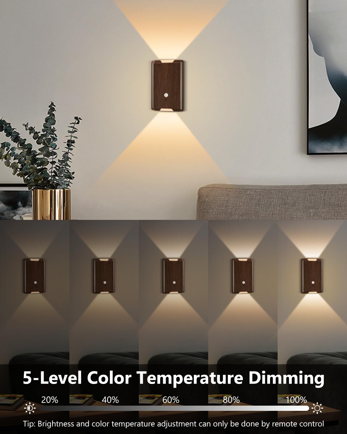 Rechargeable Motion Sensor Wall Sconce Set of 2 – 5000mAh Wireless Battery Operated Wall Light Indoor, 3 Colors Up/Down Lighting Magnetic Night Light with Remote Control for Bedroom, Hallway (Black)