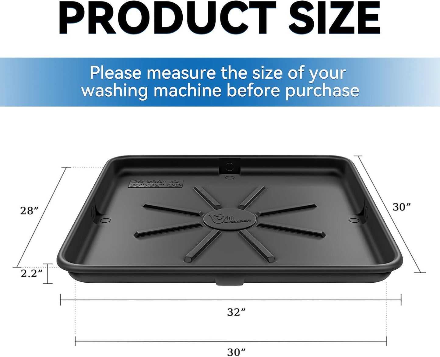 30x32inch Washing Machine Drain Pan, with Raised Edge, Features a Heavy Durable Plastic, Floor Protector - Protects Floors from Leaksf, with 1" Drain Fittings, Black