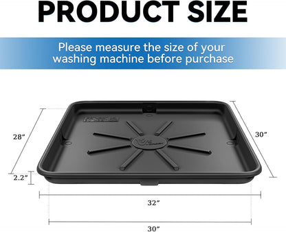 30x32inch Washing Machine Drain Pan, with Raised Edge, Features a Heavy Durable Plastic, Floor Protector - Protects Floors from Leaksf, with 1" Drain Fittings, Black