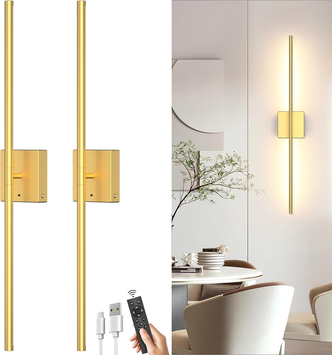 iThird Battery Operated Wall Sconce Set of 2: Rechargeable Wall Lights Wireless Sconces with Touch and Remote, 360° Rotate Magnetic Wall Scone Lighting Decor for Bedroom Living Room Hallway, 31.7Inch