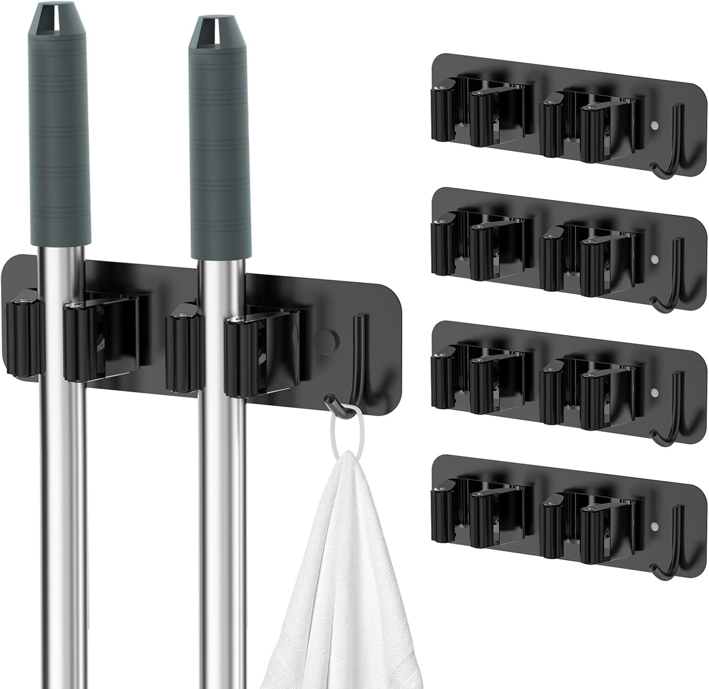homeasy Wall Mount Mop and Broom Holder, Heavy Duty Stainless Steel Organizer Rack with Hooks | 2-Pack, 2-in-1 No Drill & Screw Installation, Black