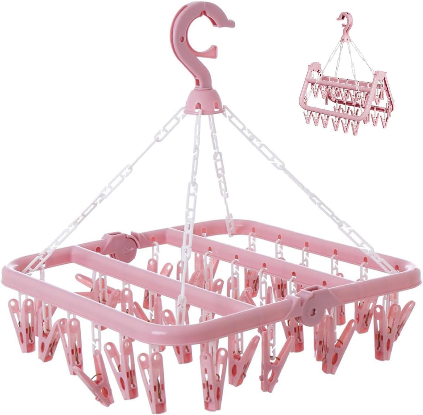 Laundry Drying Rack with 32 Hanger Clips, Foldable Clip Hangers for Drying Socks, Underwear & Towels, Portable Clothes Rack, 360° Rotatable Hook Plastic Baby Hangers (Light Blue)