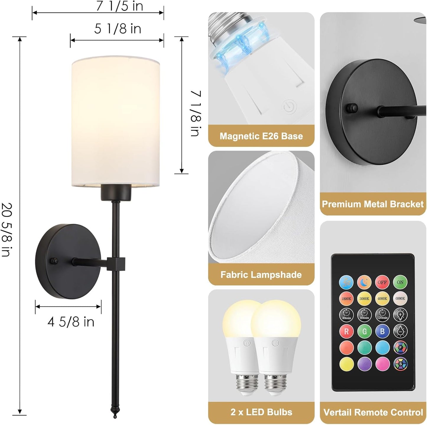 Battery Operated Wall Sconces Set of Two,Wireless Rechargeable Wall Light With Remote Control, Dimmable, Amber Light/Warm White/Natural White/Daylight/RGB, Timer,for Living Room,Bedroom,Entryway,Gold