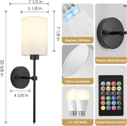 Battery Operated Wall Sconces Set of Two,Wireless Rechargeable Wall Light With Remote Control, Dimmable, Amber Light/Warm White/Natural White/Daylight/RGB, Timer,for Living Room,Bedroom,Entryway,Gold