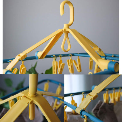 Foshine Foldable Clip Hangers Plastic Blue with 32Pcs Drying Clips | Drip Hanger Foldable Wind-Proof Hook For Underwear Socks Bras Lingerie Clothes