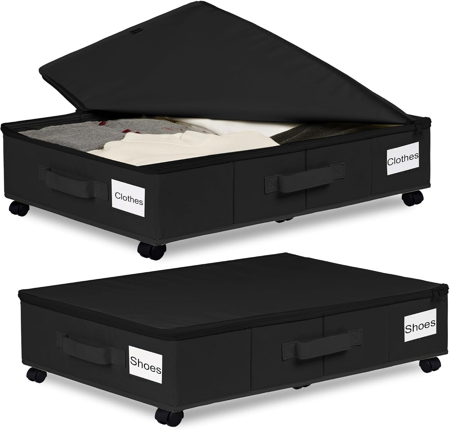 Vincona Under Bed Storage with Wheels, 2 Pack Under Bed Storage Containers with Label Holders for Clothes, Shoes and Blankets, Rolling Underbed Shoe Organizer with Cover, Beige (30.71x15.7x7.28 in)