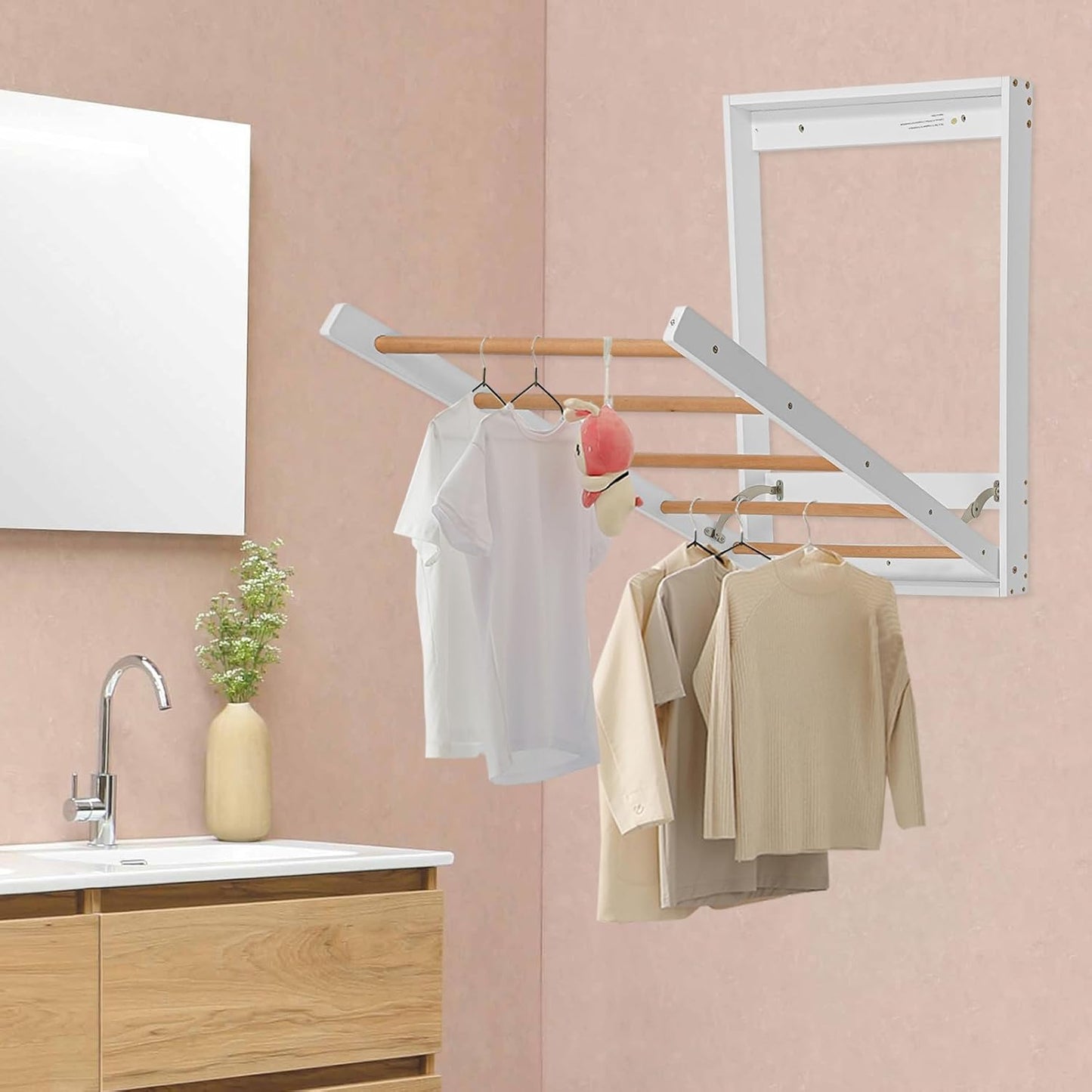 Wall Mounted Clothes Drying Rack, Foldable Wooden Laundry Dryer Rack for Indoor Use, Space Saving Drop-Down Design with Retractable Rods for Bathroom & Laundry Room (White)