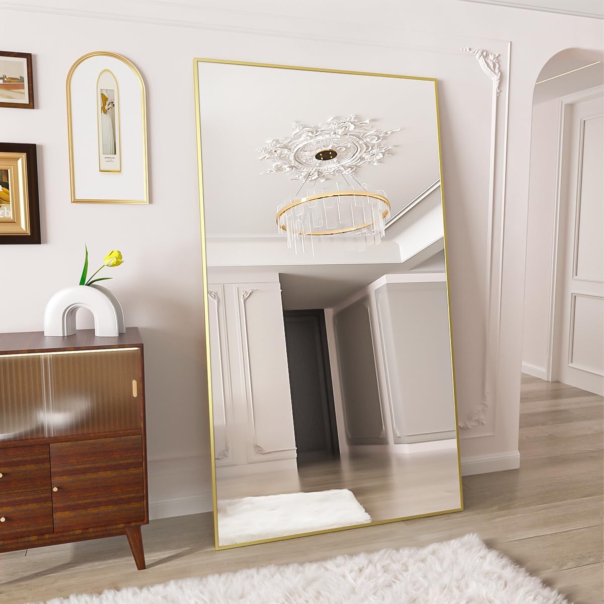 VooBang Mirror Full Length - 21" x 57" Floor Mirror with Stand, Aluminum Alloy Frame Full Body Mirror, Standing Hanging or Leaning Against Wall for Bedroom and Living Room, Black