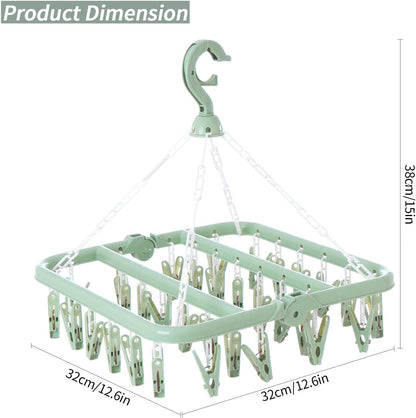 Laundry Drying Rack with 32 Hanger Clips, Foldable Clip Hangers for Drying Socks, Underwear & Towels, Portable Clothes Rack, 360° Rotatable Hook Plastic Baby Hangers (Light Blue)