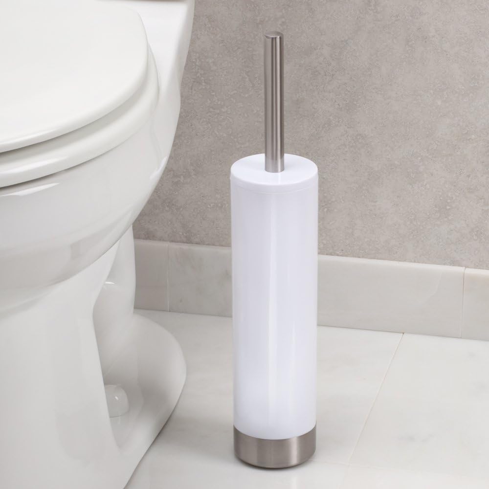 iDesign Slim Toilet Bowl Brush and Holder for Bathroom Storage - White/Brushed Stainless Steel, 1 x Toilet Brush | Bathroom Storage
