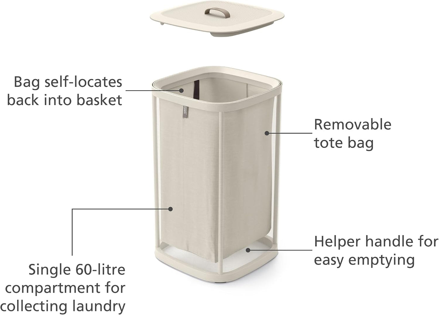 Joseph Joseph Tota Trio 90 liter/23.8 gallon Laundry Hamper Separation Basket with lid, 3 Removable Washing Bags with Handles- Ecru