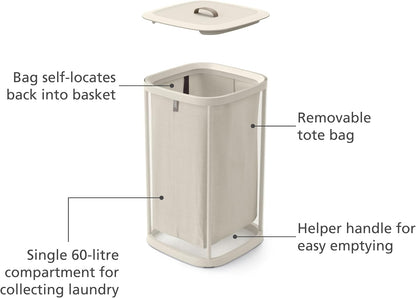 Joseph Joseph Tota Trio 90 liter/23.8 gallon Laundry Hamper Separation Basket with lid, 3 Removable Washing Bags with Handles- Ecru