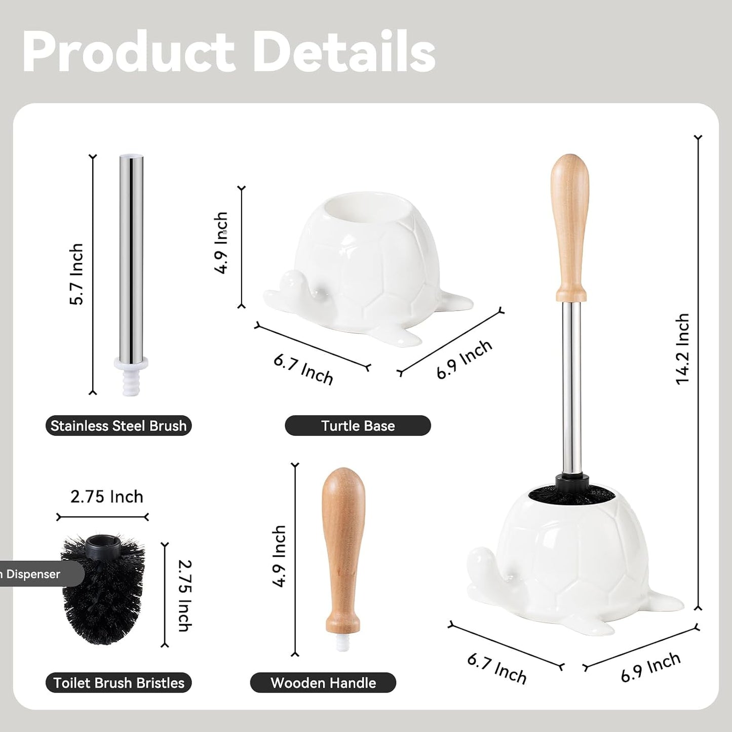 Toilet Brush and Holder Set, Ceramic Turtle Base Toilet Brush Set - 7.5” Bowl Cleaner, Toilet Scrubber Brush with Ergonomic Handle (Silver)