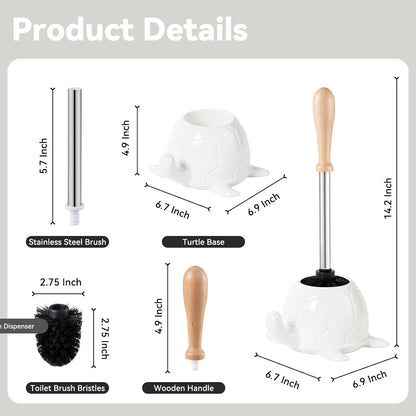 Toilet Brush and Holder Set, Ceramic Turtle Base Toilet Brush Set - 7.5” Bowl Cleaner, Toilet Scrubber Brush with Ergonomic Handle (Silver)
