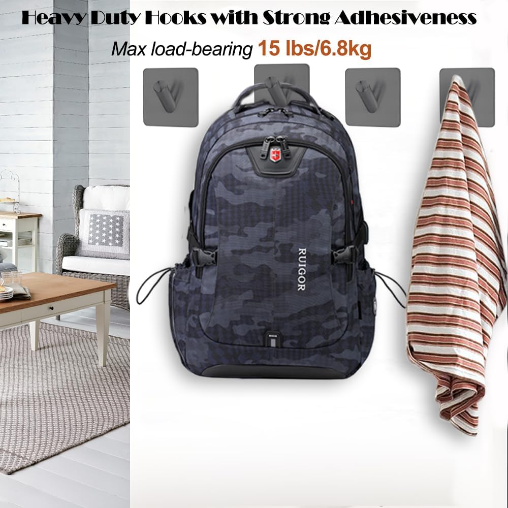 Fotosnow Matte Black Adhesive Wall Hooks, 15lbs Locking Curve Anti Slip Stainless Steel No Drill Stick On Hooks for Bathroom Shower Towel Coat Kitchen