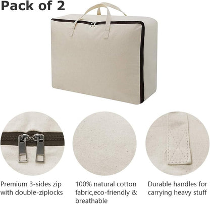 2-Pack Heavy Duty Canvas Cotton Storage Bags for King/Queen Duvets | Soft & Breathable | 3-Zip Opening, Dust Proof Blanket Organizer Bag | 23.6 * 8.7 * 17.7inches