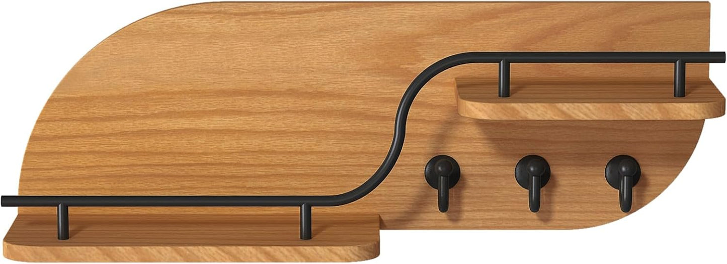 Key Holder for Wall, Decorative Key and Mail Organizer with 6 Sturdy Metal Hooks and Floating Shelf, 14 Inches Wood Wall Mounted Key Rack for Entryway, White and Gold