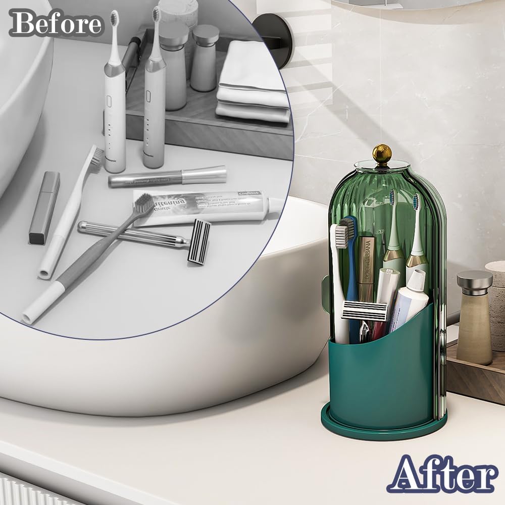 Toothbrush and Toothpaste Holders with Cover, Grey White | Waterproof and Dustproof, 360° Rotating Base, Smooth Sliding Door, 3 Slots, for Bathroom Countertop