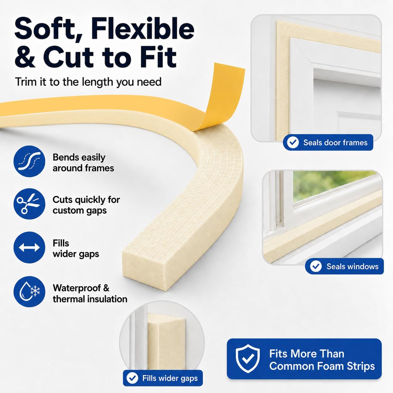 33FT EVA Foam Weather Stripping Door Seal, Self-Adhesive Weatherstrip Tape for Door Frame, Window Gaps, Soundproof Insulation