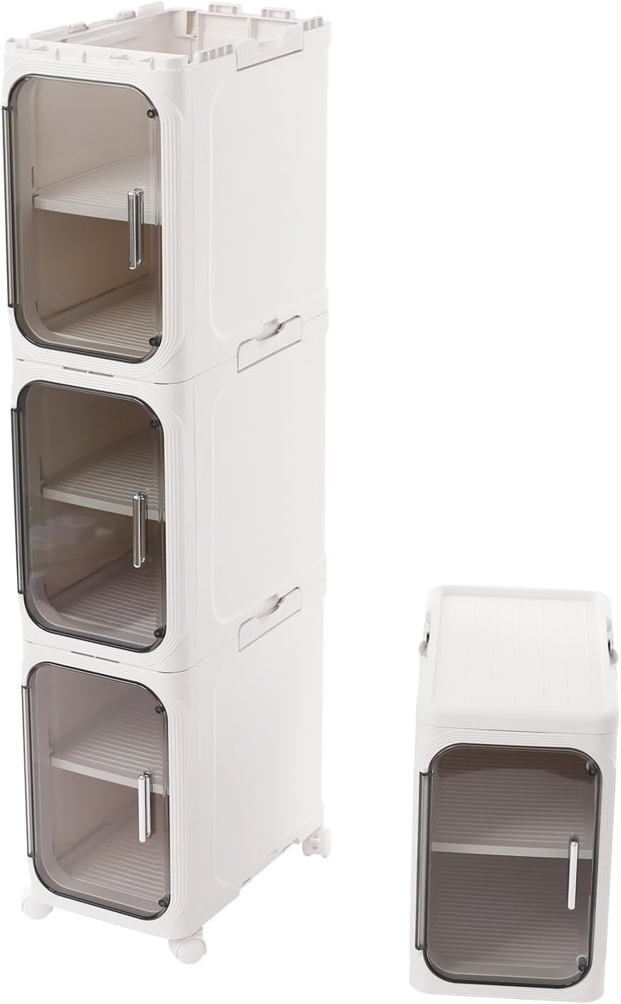 4-Tier Stackable Narrow Storage Cabinet with Wheels and Doors,Slim Plastic Rolling Cart with Adjustable Shelves,Foldable Floor Cabinets for Small Space, Bathroom,Kitchen,Beige
