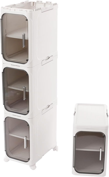 4-Tier Stackable Narrow Storage Cabinet with Wheels and Doors,Slim Plastic Rolling Cart with Adjustable Shelves,Foldable Floor Cabinets for Small Space, Bathroom,Kitchen,Beige