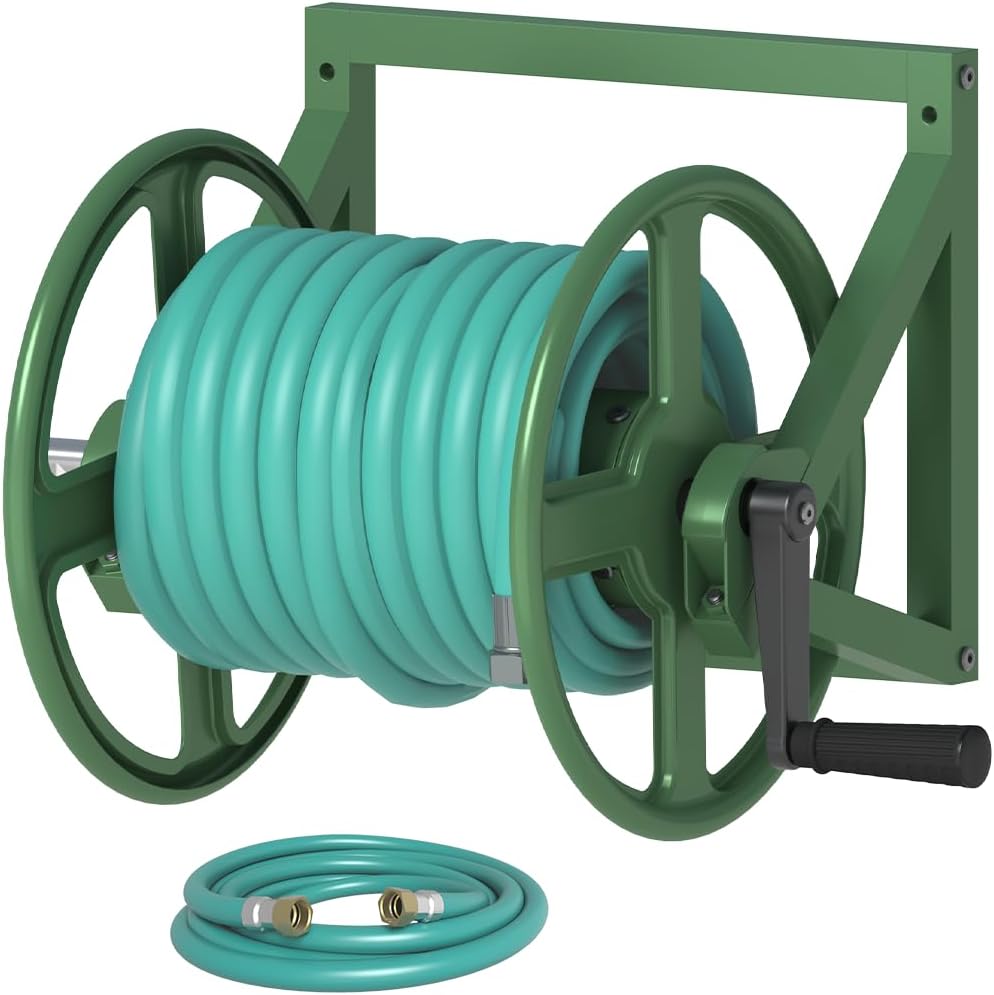 Artigarden Garden Hose Reel Wall Mounted, Outdoor Heavy Duty Powder Coated Metal Water Hoses Holder Winder Holds 125 ft 5/8" Hoses with 3.9ft Leader Hose, Stainless Steel Connector for Outside, Black