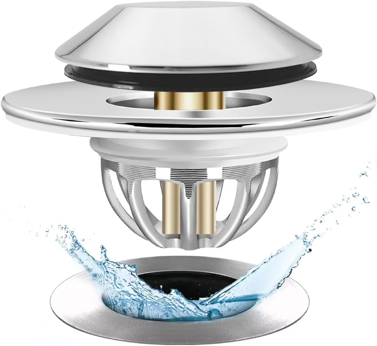 Anlige Bathroom Sink Drain Strainer, 2PCS 3 in 1 Pop Up Bathroom Sink Stopper with Removable Brass Basket Hair Catcher, Universal Sink Plug for 1.06 to 1.6in Drain Hole, Chrome Silver