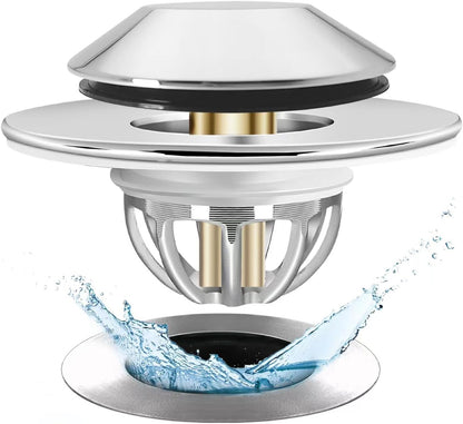 Anlige Bathroom Sink Drain Strainer, 2PCS 3 in 1 Pop Up Bathroom Sink Stopper with Removable Brass Basket Hair Catcher, Universal Sink Plug for 1.06 to 1.6in Drain Hole, Chrome Silver