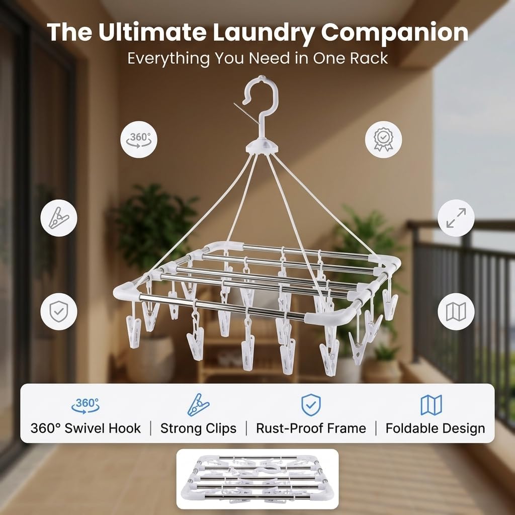 16 Clips Clothes Drying Rack, Stainless Steel Inner Rods Laundry Hanger with Windproof Hook & 360° Rotation, Space Saving Sock Dryer for Underwear, Baby Clothes, Towels, Small Laundry
