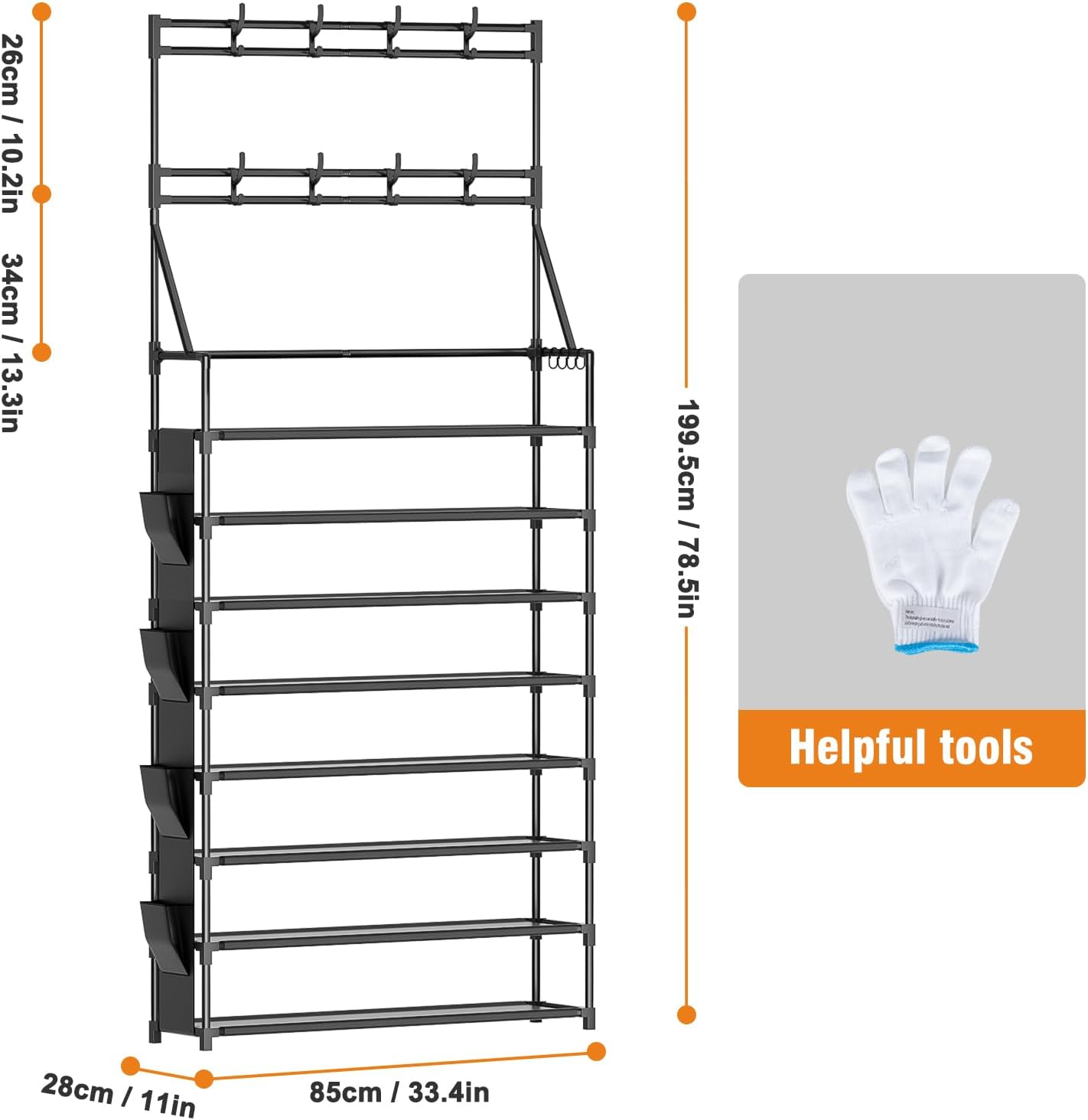 OYREL Shoe Rack, 5 Tier Shoes Storage Organizer, with Functional Hooks and Side Pocket, 20-25 Pairs, for Closet/Entrance/Entryway, Sneaker and Boot Stackable Free Standing Shoe Rack