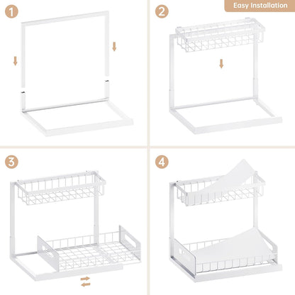 Under Sink Organizer and Storage 2 Pack, Slide Out Cabinet Organizer, Pull Out Sink Shelf for Kitchen Bathroom Laundry, White