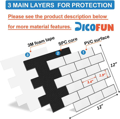 DICOFUN 10-Sheet Polished White Thick PVC Peel and Stick Backsplash, Ceramic Look Subway Tile White Kitchen Backsplash Peel and Stick Wall Tiles