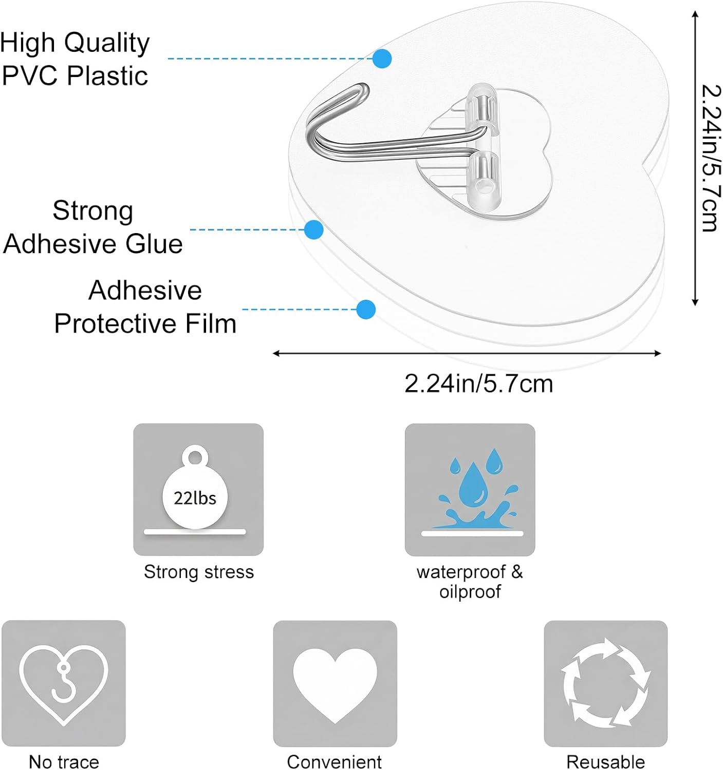 40 PCS Adhesive Wall Hooks Heavy Duty Adhesive Wall Hooks Utility Waterproof Towel Coat Hook Transparent Self-Adhesive Sticky Hook for Hanging Bathroom Shower Kitchen Keys Door Outdoor Home