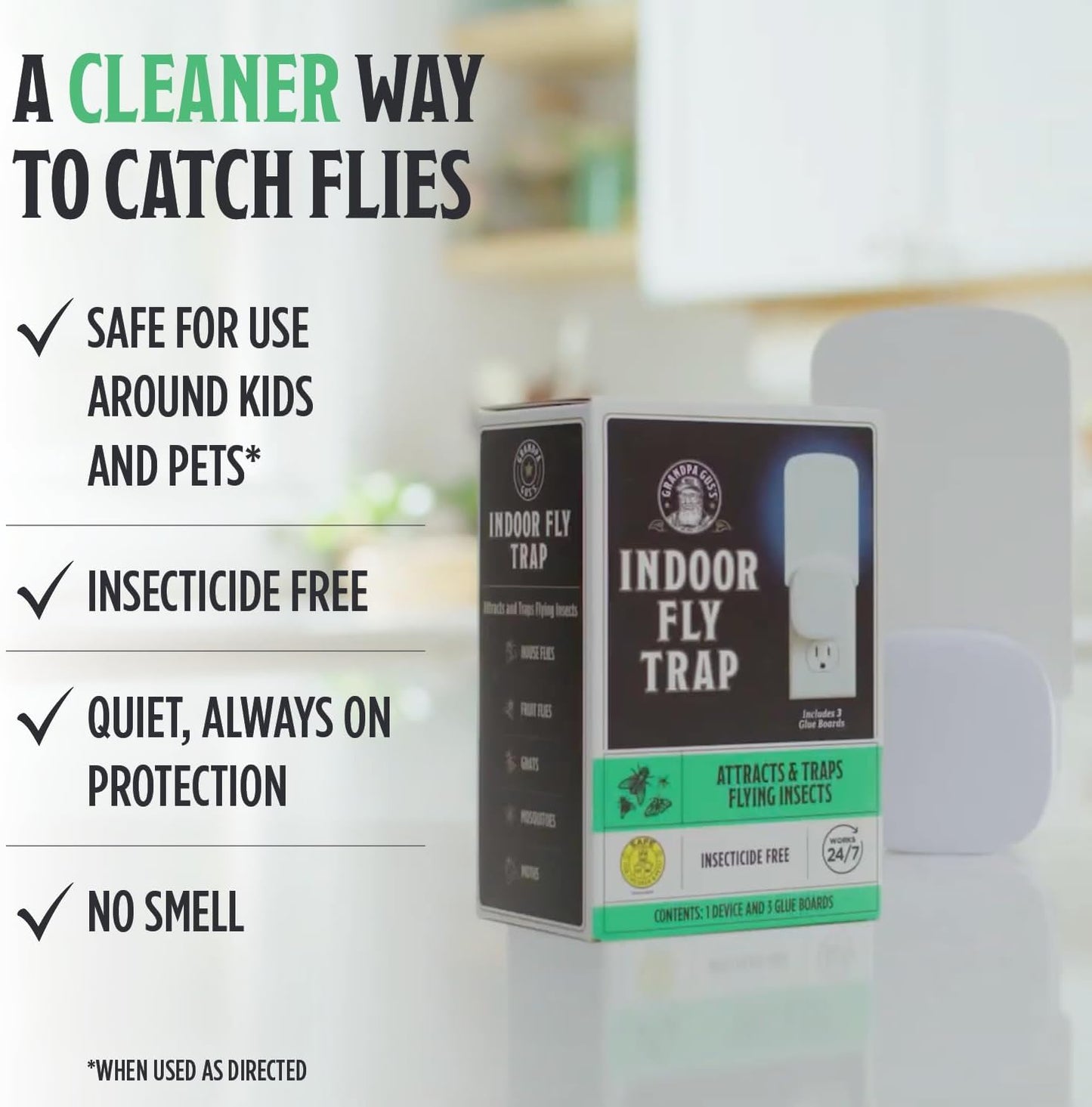 Grandpa Gus’s Indoor Fly Trap Plug-In - UV Light Insect Catcher for Flies, Gnats, Fruit Flies, Mosquitoes & Moths - No Insecticides, Sticky Glue Trap for Kitchen, Garage, Includes 3 Refill Glue Boards