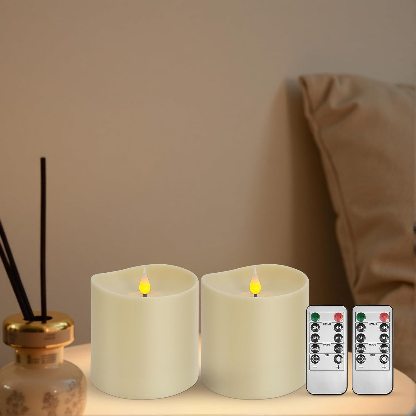 Set of 2 Flameless LED Candles with 2 Remotes, 4x6 Inch Battery Powered Plastic Pillar Candles, Flickering Flame with Timer & Dimming, Ivory – Elegant, Safe Lighting for Home, Wedding, Holiday