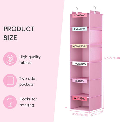 Weekly Hanging Closet Organizer for Kids, 6-Shelf Clothes Storage with Labeled Days of The Week Monday Through Friday, Weekday and Weekend, Days of The Week Clothes Organizer