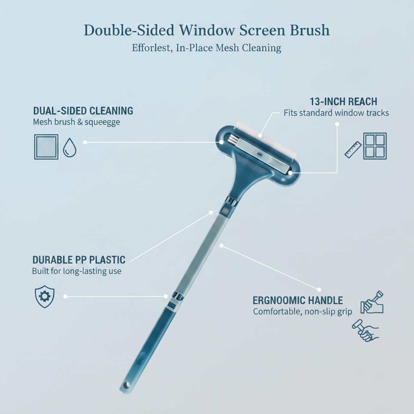 Sturdy PP Plastic Double-Sided Window Screen Brush, 13-Inch Squeegee Tool for Efficient In-Place Mesh Cleaning
