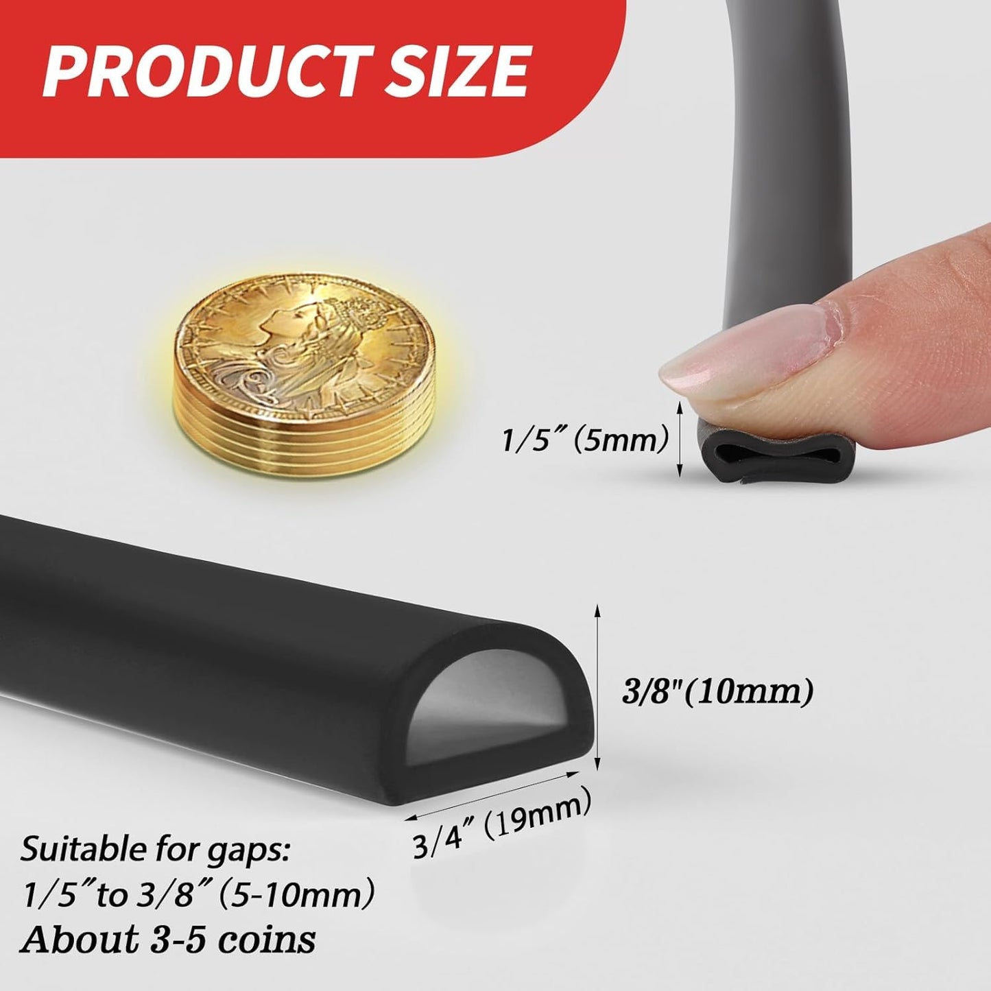 Silicone Weather Stripping Door Seal, 20FT Self Adhesive D Shaped Door Seal Strip for Door Frame, Door Insulation Strip Window Seal, W:1 in; H:1 in; 20Feet